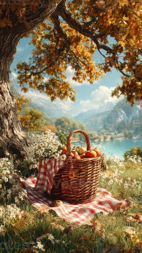 Picnic basket filled with fruits beneath a tree near a serene lake on a sunny autumn day photo