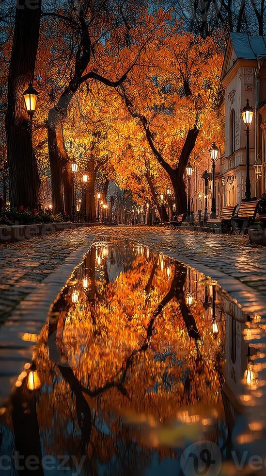 Autumn evening stroll through a tree-lined path reflecting golden leaves in tranquil puddles photo