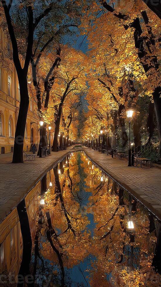 Colorful tree-lined pathway reflecting autumn leaves in a serene park at dusk photo