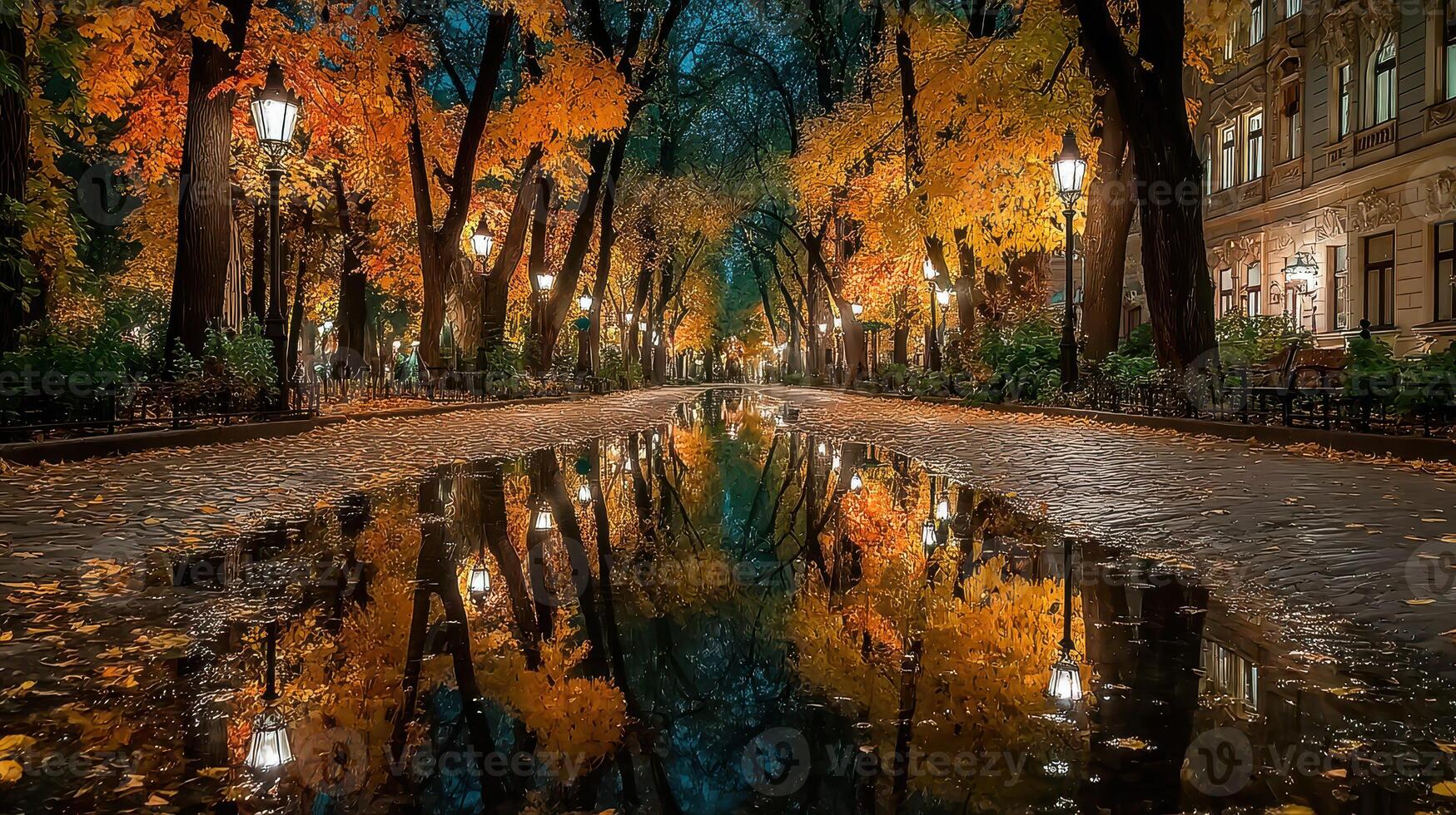 Fallen leaves create a vibrant landscape by the water at twilight in a city park photo
