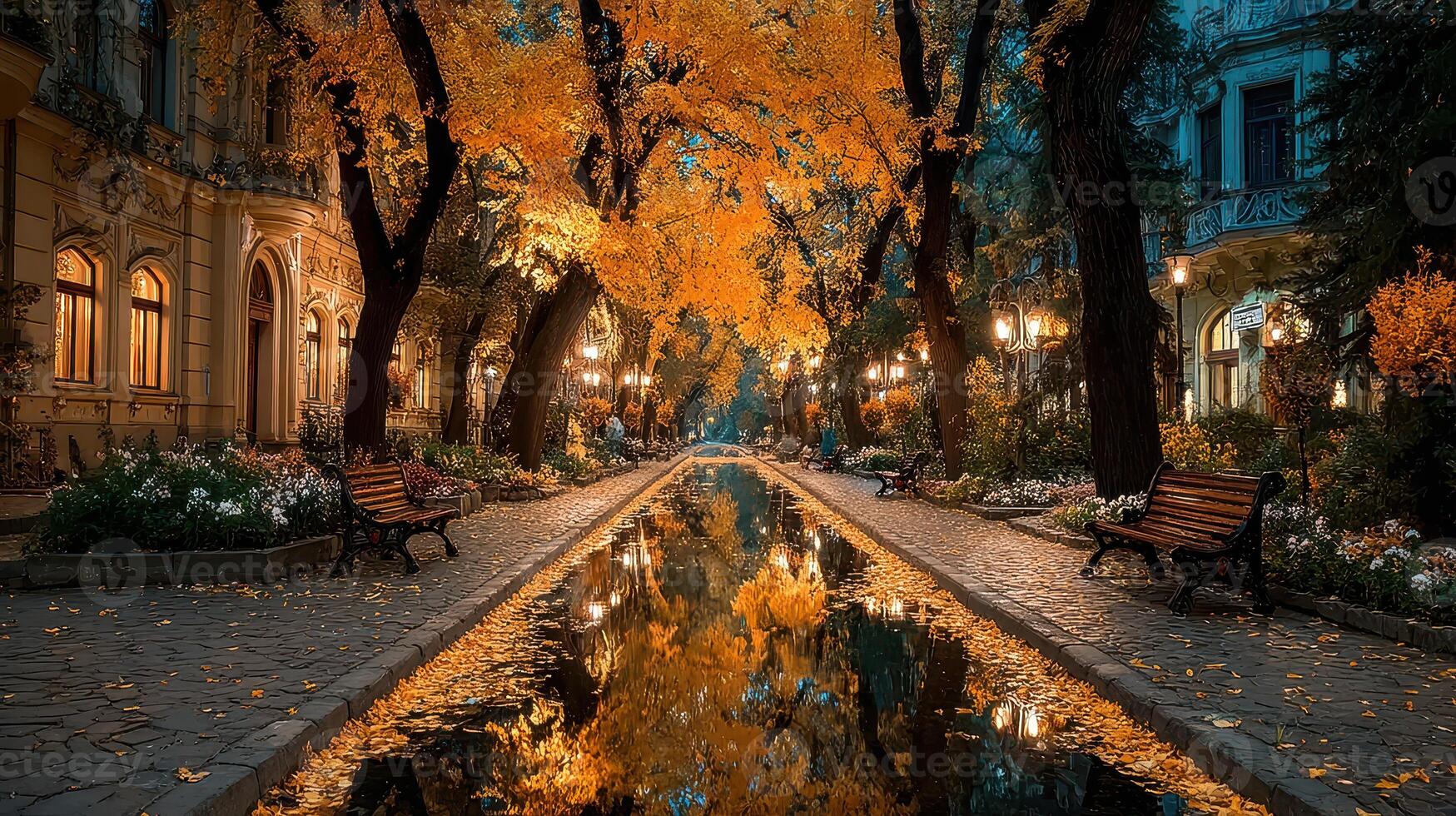 Colorful autumn trees line a peaceful pathway with reflections in water at dusk photo
