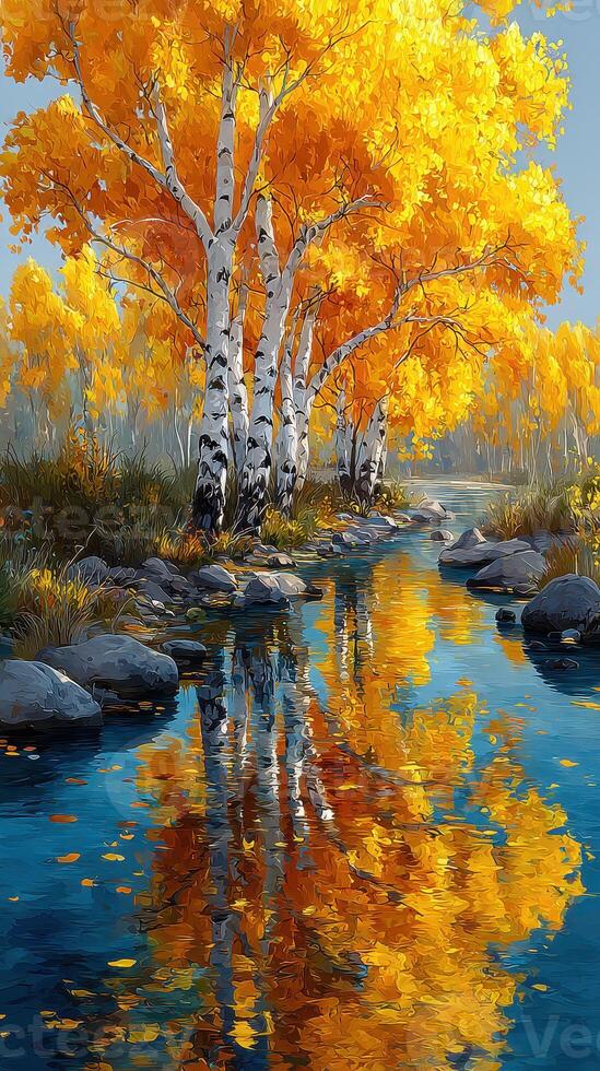 Vibrant autumn landscape with birch trees reflecting in a serene river on a clear day photo
