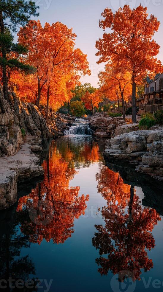 Autumn colors reflect in tranquil waterway during sunset near rocky landscape photo