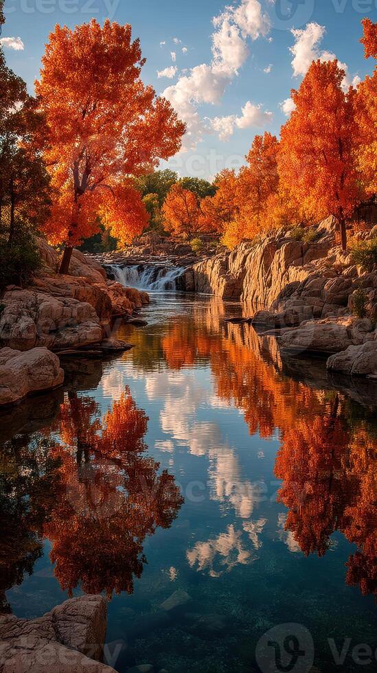 Autumn foliage reflects in calm waters near a cascading waterfall in a serene landscape setting during late afternoon light photo
