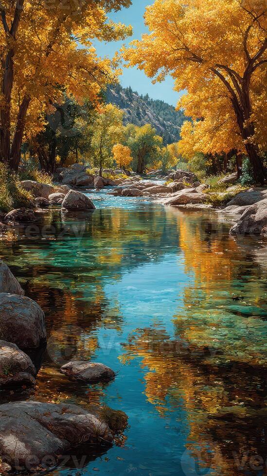 Serenity in a vibrant autumn landscape with a tranquil river surrounded by golden trees photo