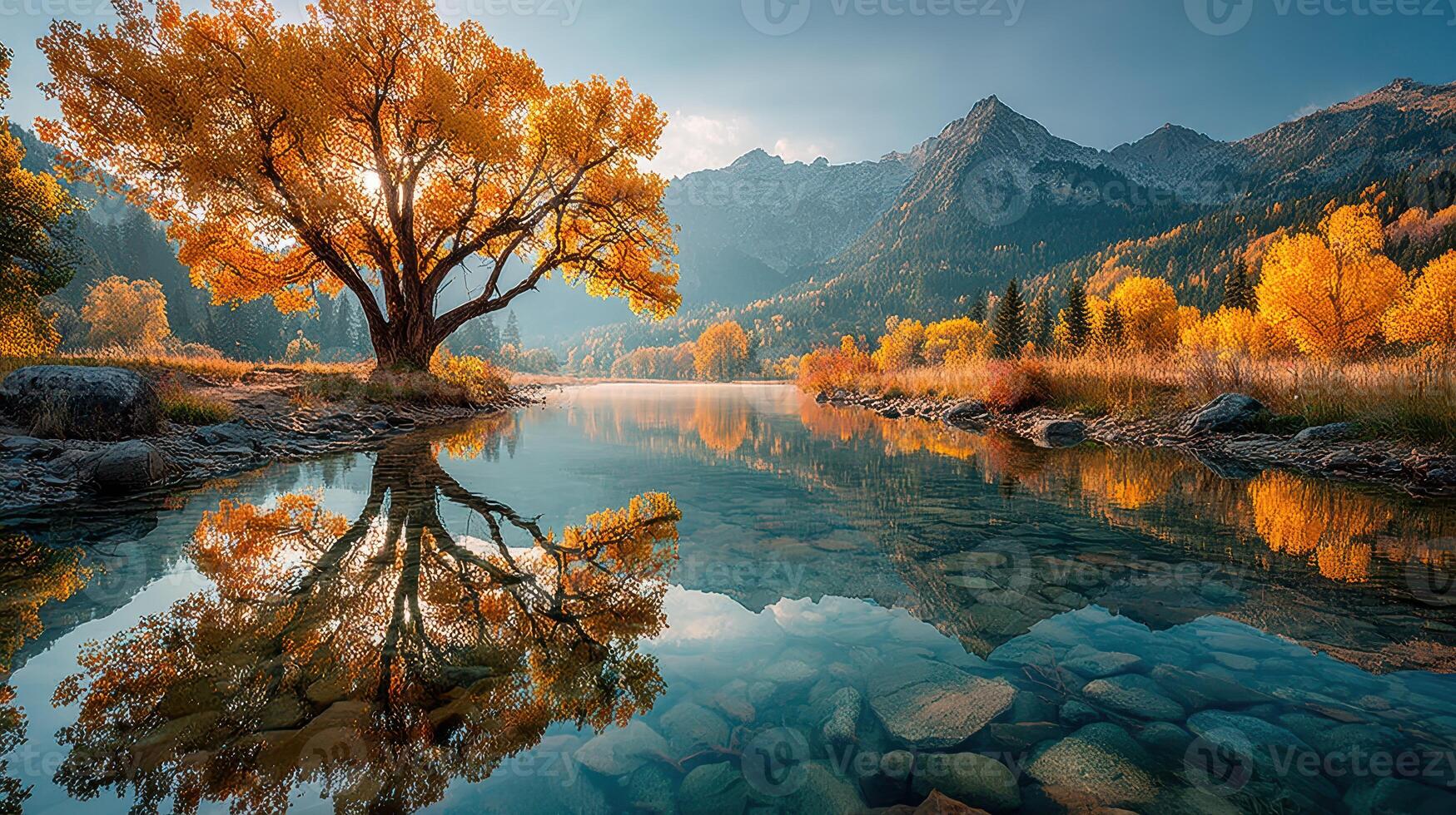Autumn landscape featuring a golden tree reflecting in a calm river by mountains during sunset photo