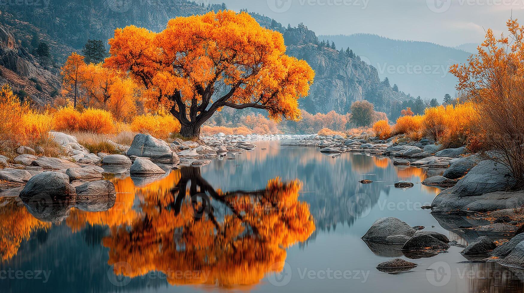 Autumn colors reflecting in calm river with golden foliage near rocky shore in a serene landscape photo