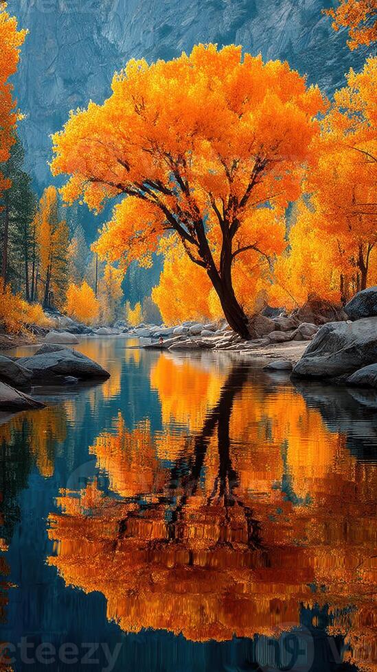 Stunning autumn landscape featuring a vibrant orange tree reflected in a calm river surrounded by rugged mountains photo