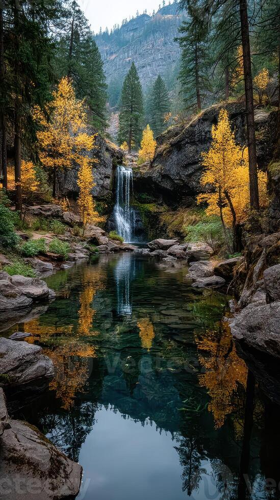 Beautiful autumn landscape with colorful trees and tranquil waterfall reflecting in still water photo