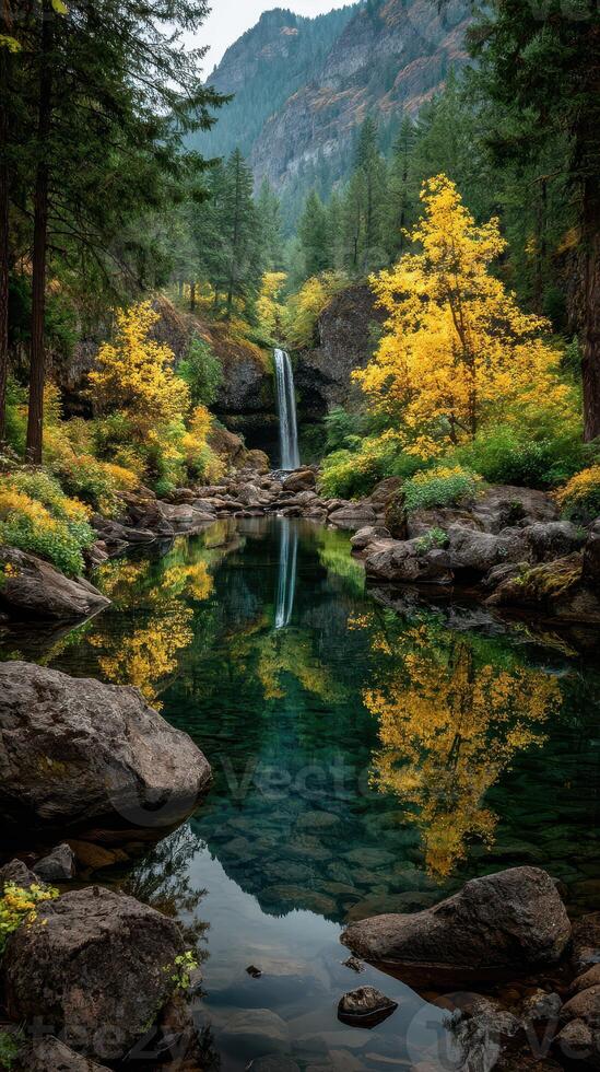 Beautiful forest landscape with vibrant autumn foliage and a serene waterfall reflecting in the tranquil water photo