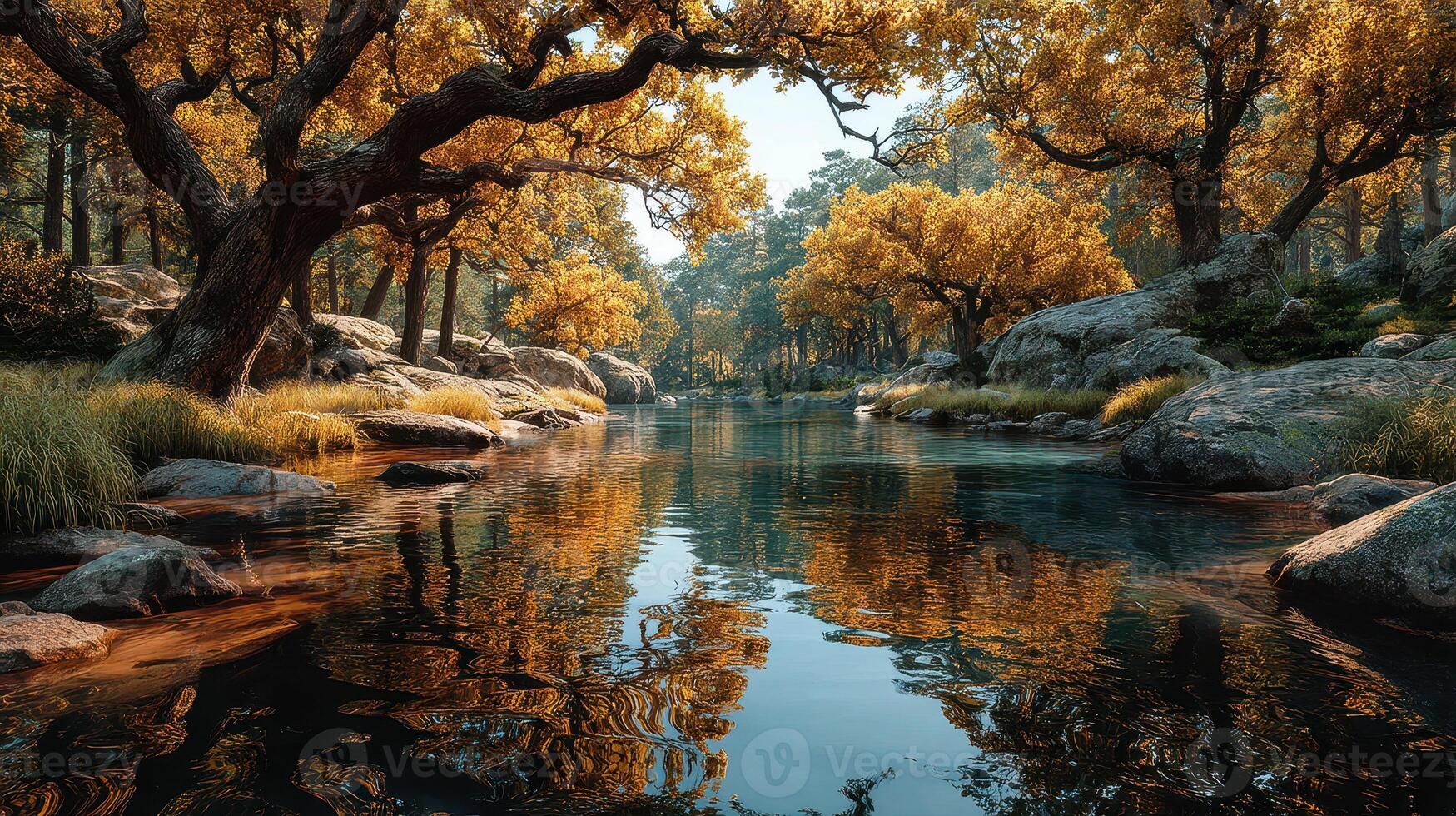 Tranquil autumn landscape with golden trees reflecting in calm water in a serene forest setting photo