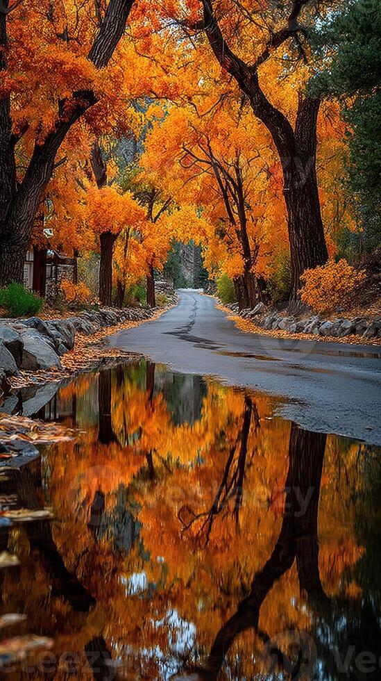 Autumn colors illuminate a serene road surrounded by vibrant orange trees near a peaceful water reflection in the afternoon photo