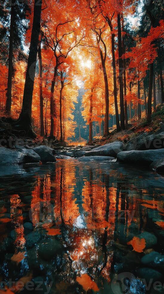Vibrant autumn foliage surrounds a serene stream reflecting golden hues in a tranquil forest setting photo