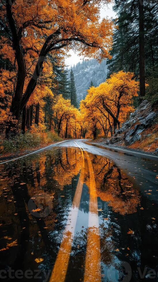 Autumn trees reflect in wet road creating vibrant landscape in the mountains photo