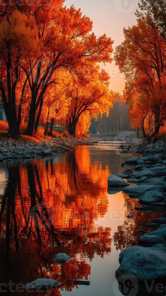 Autumn landscape features vibrant orange trees reflecting in calm river at sunset photo
