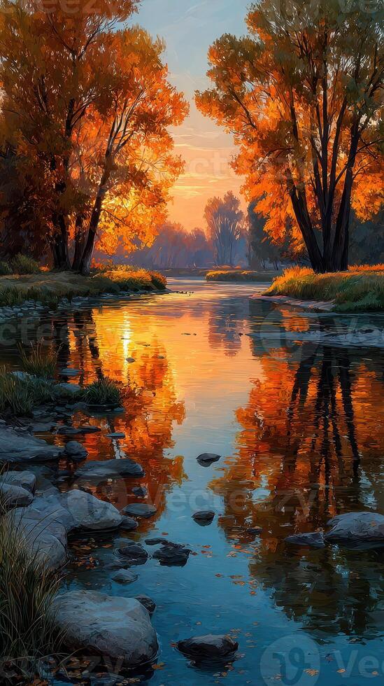 Vibrant autumn sunset over a serene river with colorful trees reflecting in the water photo
