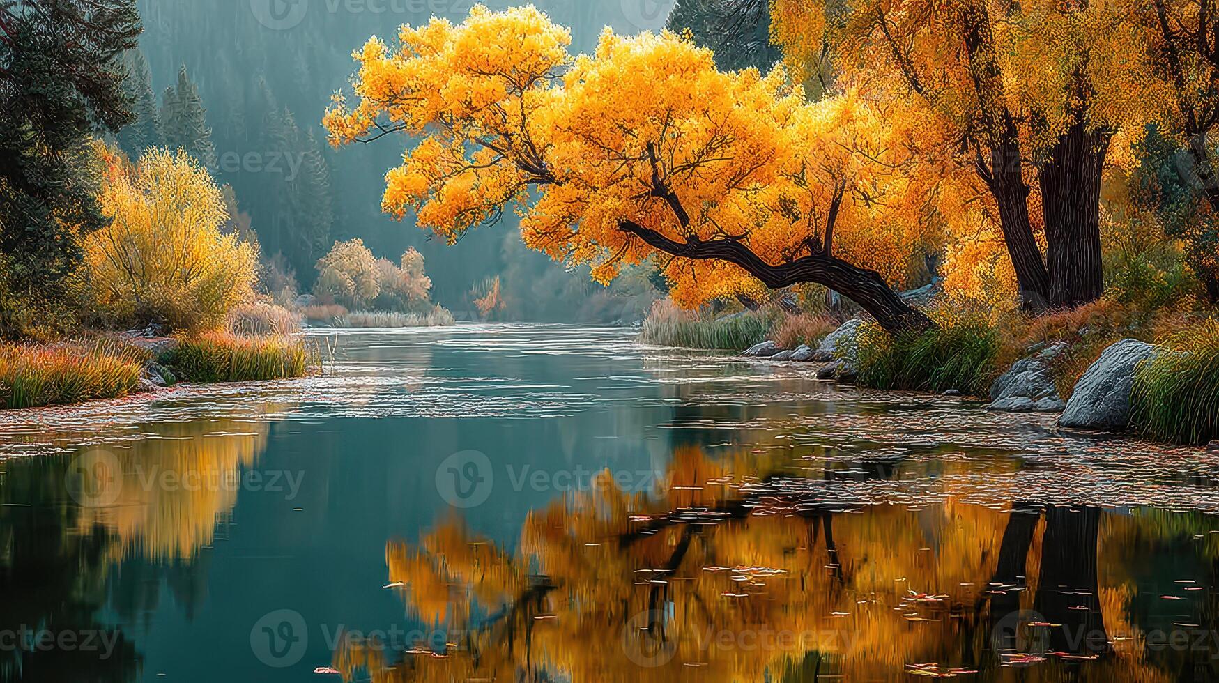 Golden autumn landscape with vibrant trees reflecting on serene river at dusk in peaceful nature setting photo