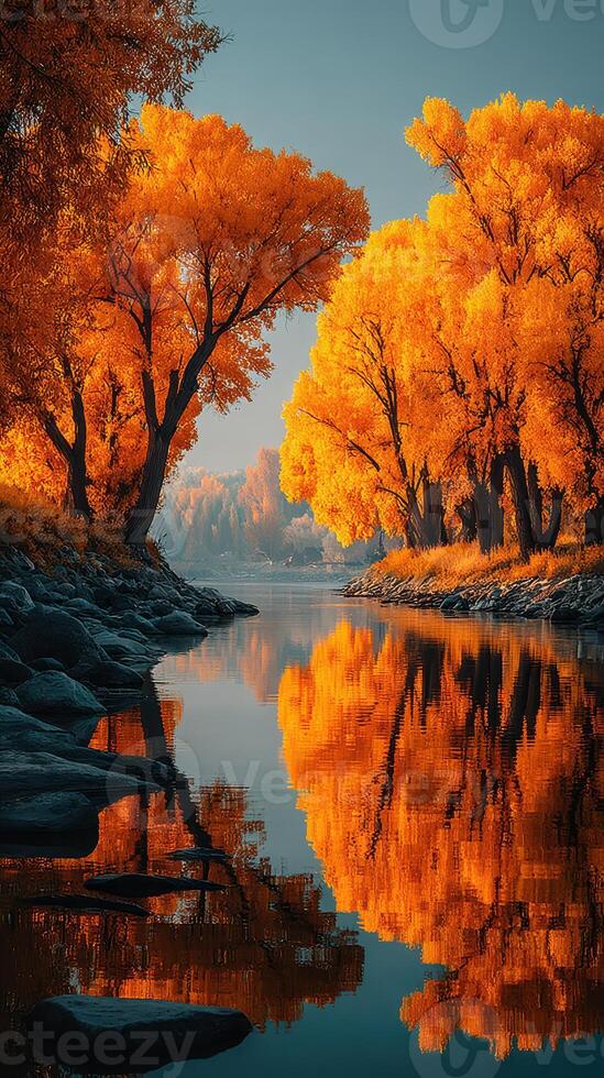 Vibrant autumn foliage reflected in a tranquil river in a serene landscape at dawn photo