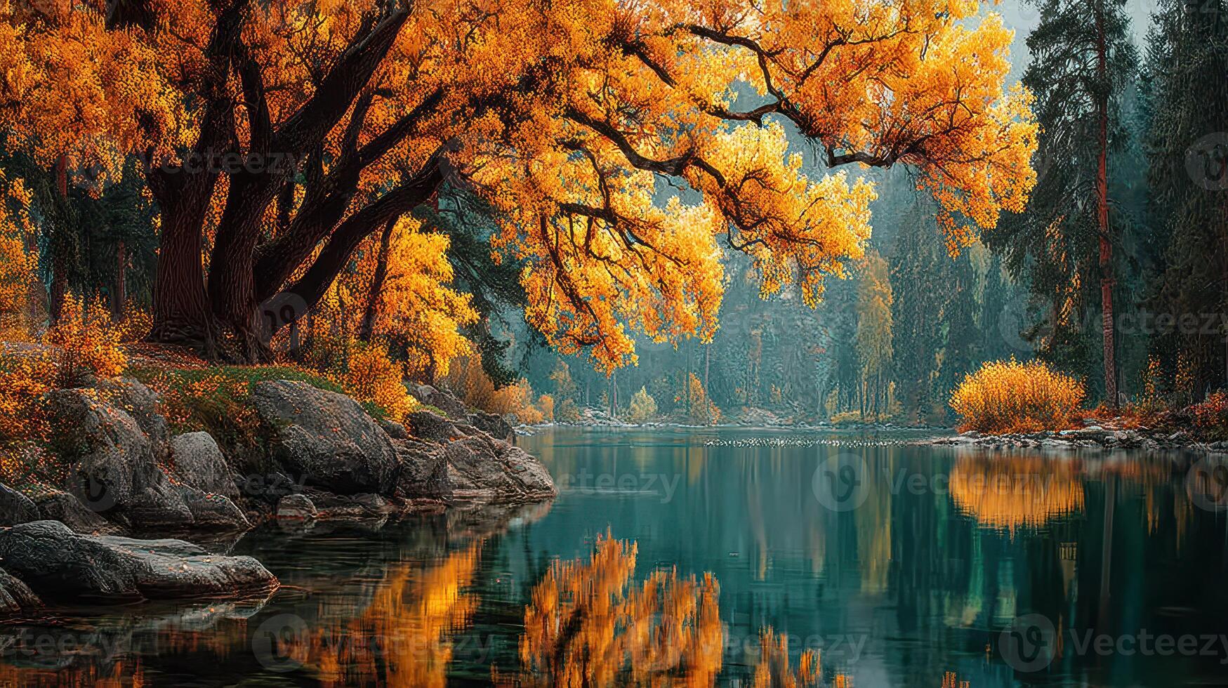 Autumn colors reflect in serene river surrounded by tall trees and rocks in a peaceful forest setting photo
