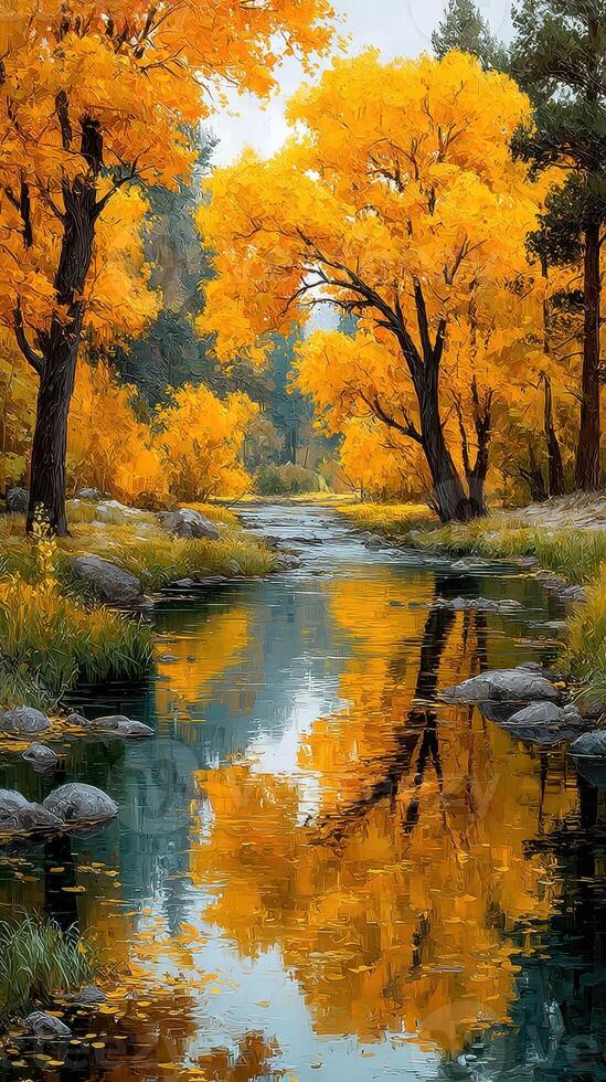 Autumn landscape with vibrant orange trees reflecting in a calm river at midday in a tranquil forest setting photo