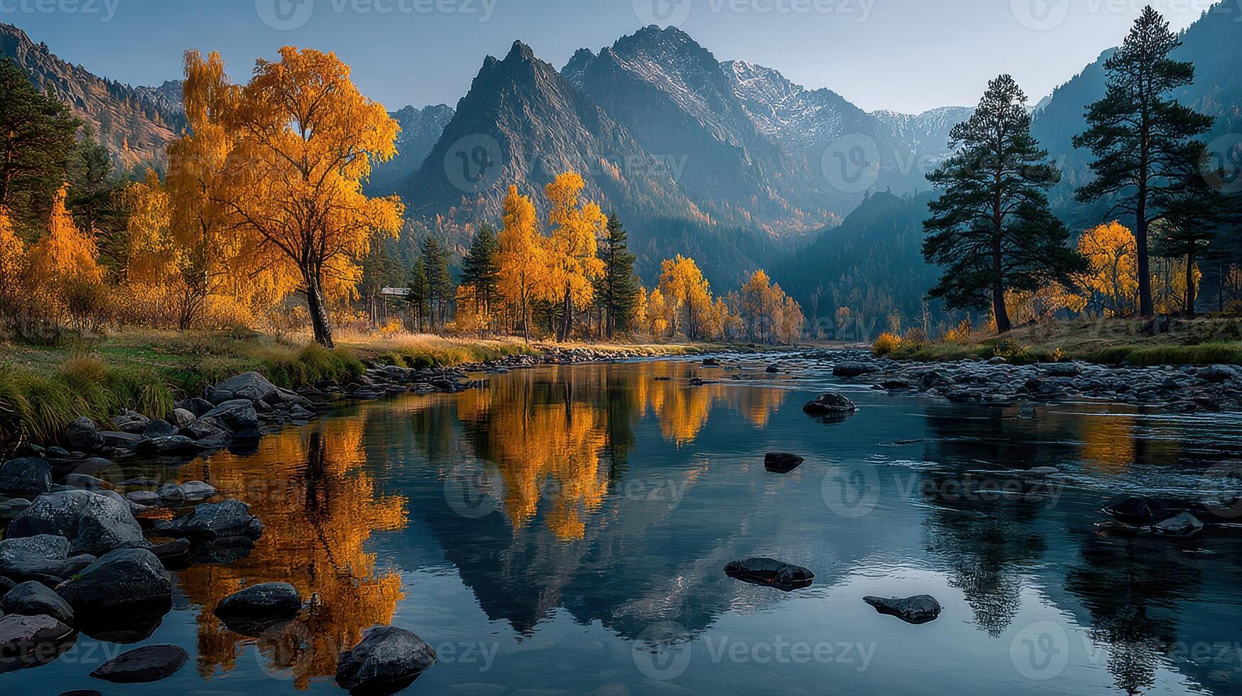 Autumn colors reflecting in the calm river surrounded by majestic mountains and vibrant trees photo