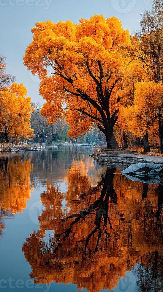 Vibrant autumn foliage reflects in tranquil lake during serene morning hours photo