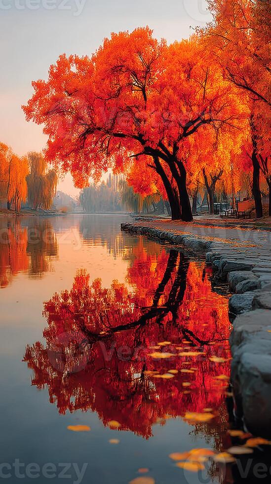 Autumn landscape with vibrant orange trees reflecting in tranquil water during golden hour photo
