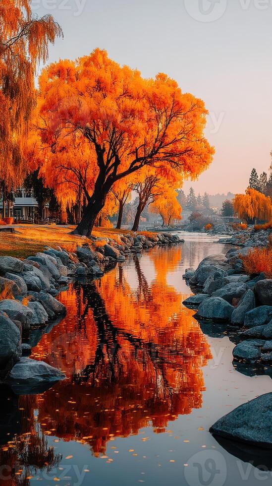 Vibrant autumn landscape with colorful trees reflecting in a tranquil river at sunset photo