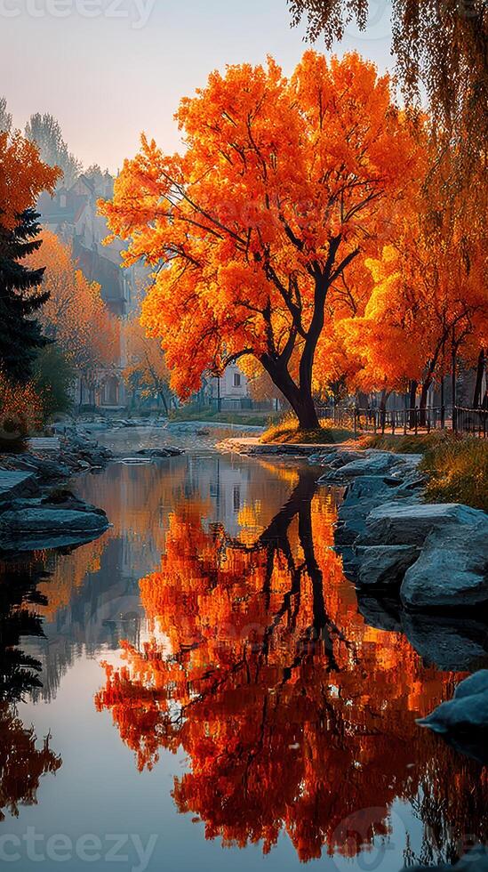 Stunning autumn landscape with vibrant orange tree reflecting in calm river at sunset in a tranquil park photo