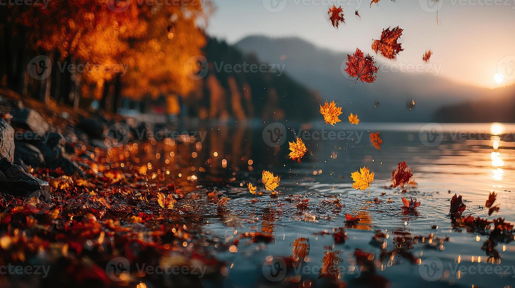 Autumn leaves dance above a serene lake at sunset with mountains in the background creating a tranquil landscape photo