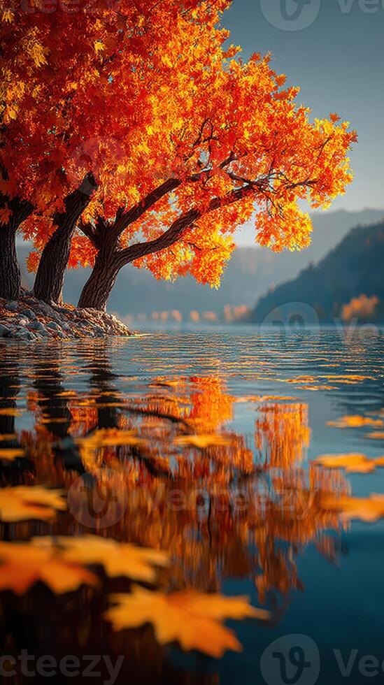 Colorful autumn trees reflect in serene lake waters during a calm afternoon in nature photo