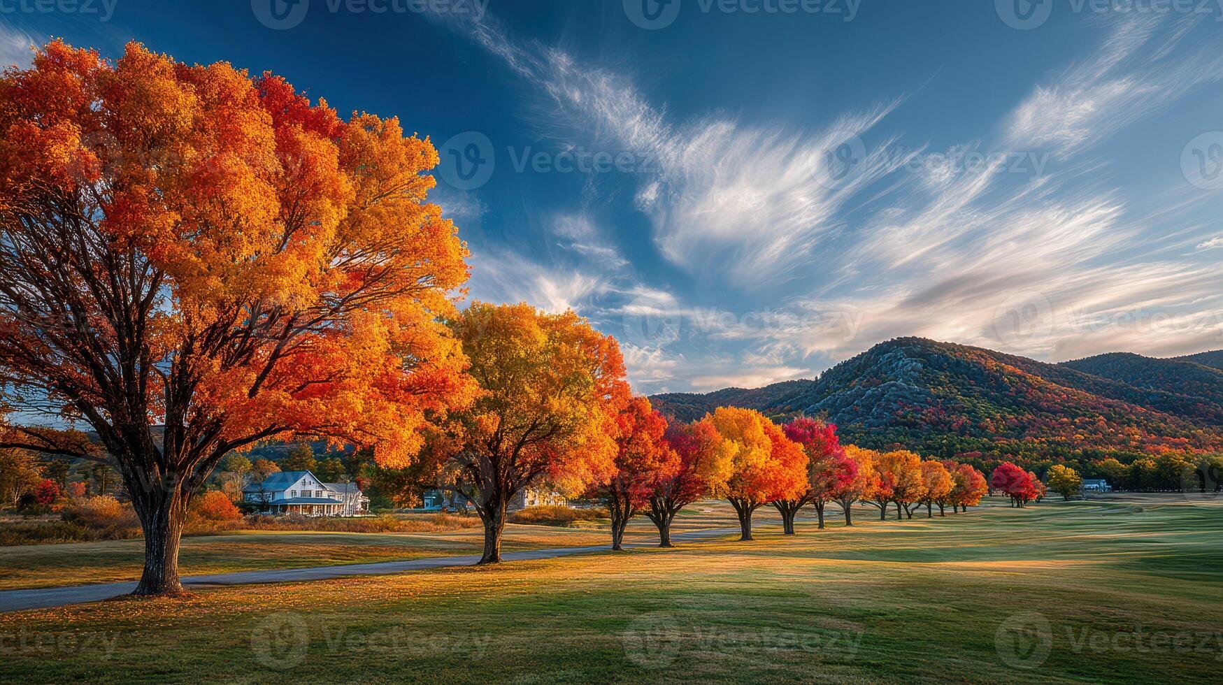 Bright autumn trees line the path against a mountain backdrop in vibrant colors during a sunny afternoon photo