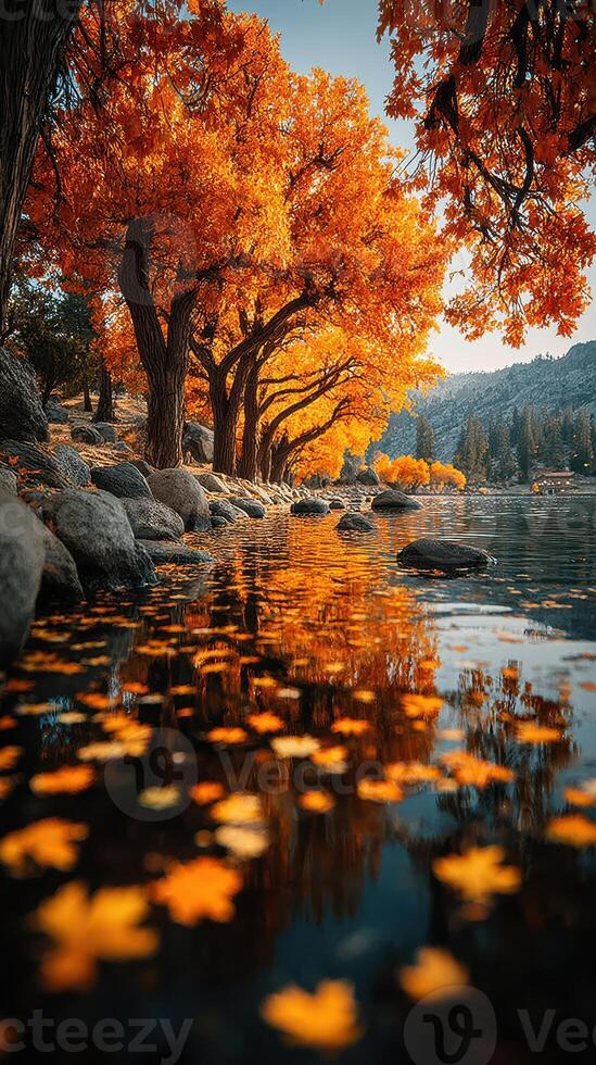 Vibrant autumn trees reflect in calm lake waters during late afternoon photo