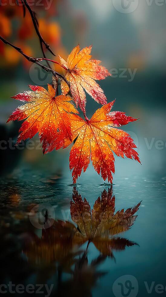 Autumn leaves glisten with droplets as they rest above a tranquil pond at dusk in a serene natural setting photo