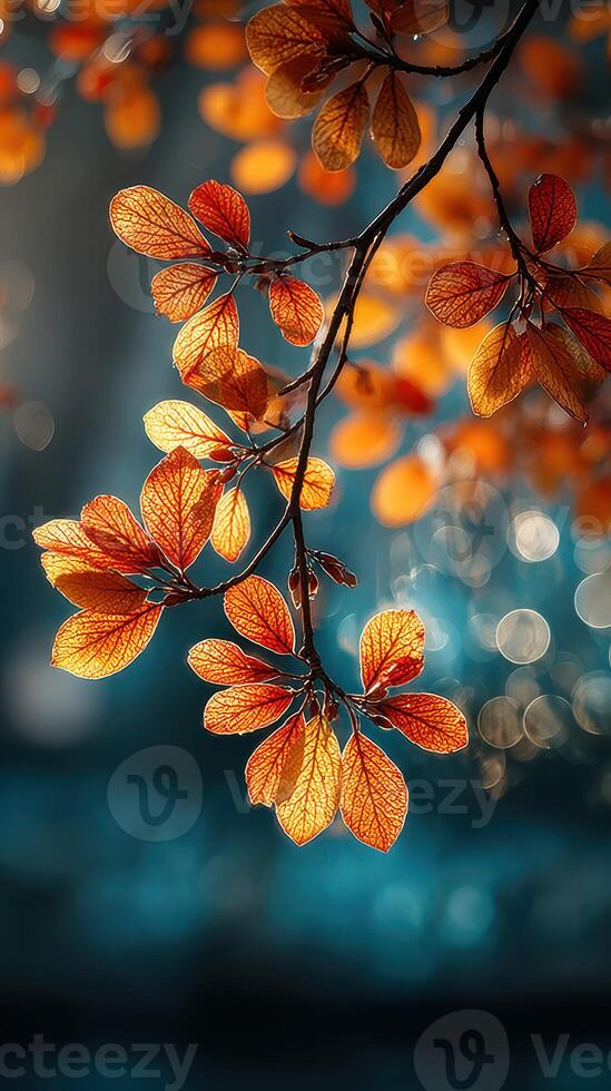 Vibrant autumn leaves illuminated by sunlight create a stunning natural display in a tranquil setting photo