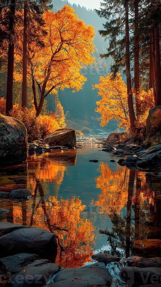 Vibrant autumn foliage reflects in a serene river surrounded by rocky banks and towering trees during golden hour photo