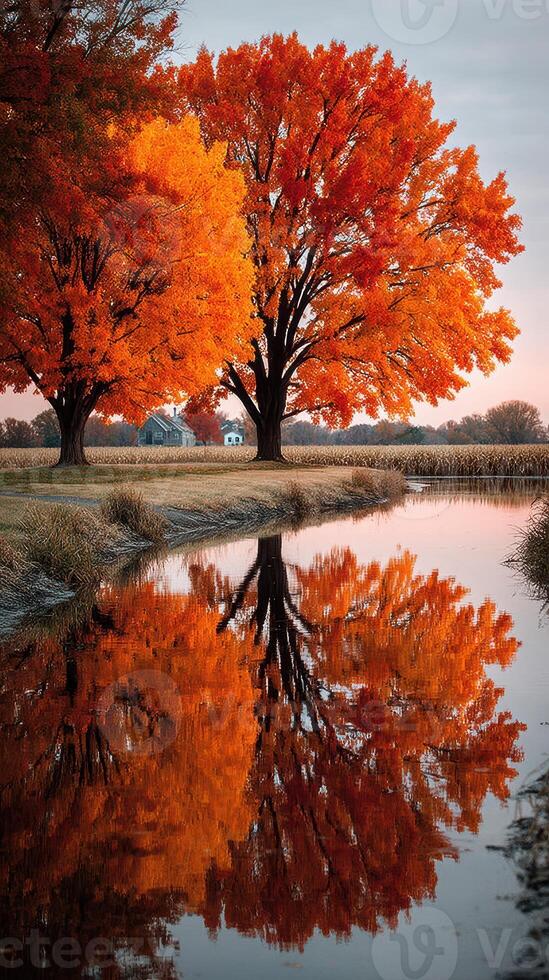 Vibrant autumn colors reflect in calm water near a rural home surrounded by colorful trees during sunset photo