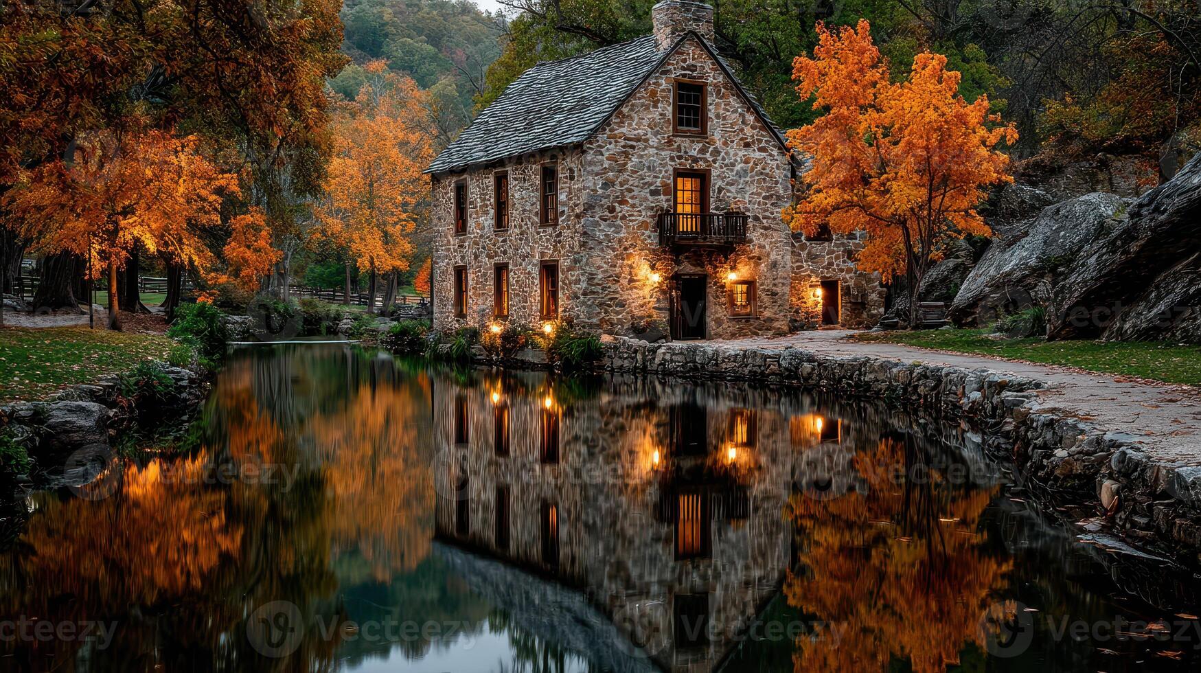 Historic stone house reflecting in calm water surrounded by autumn foliage in a serene landscape setting at dusk photo