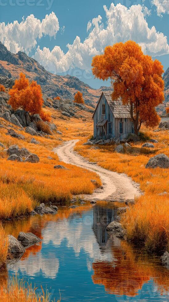 Colorful autumn landscape with a rustic house beside a reflective pond in a serene valley photo