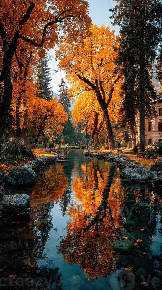 Stunning fall foliage reflecting in a serene pond surrounded by vibrant autumn trees in a tranquil park setting photo