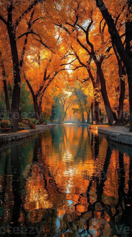 Autumn foliage reflects in serene waterway surrounded by trees in a tranquil park during sunset photo
