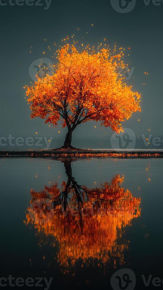Stunning autumn tree with vibrant orange leaves reflected in calm water at sunrise photo