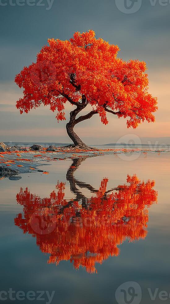 Vibrant autumn tree reflects on tranquil waters at sunset in a serene landscape photo