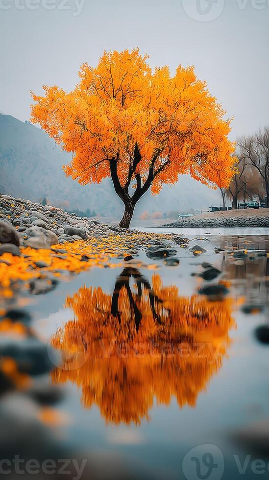 Vibrant autumn tree reflects in calm water at riverside during overcast day in picturesque landscape photo