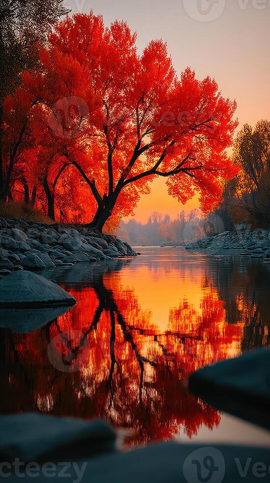 Sunset over tranquil river reflecting vibrant autumn foliage in a serene landscape setting photo