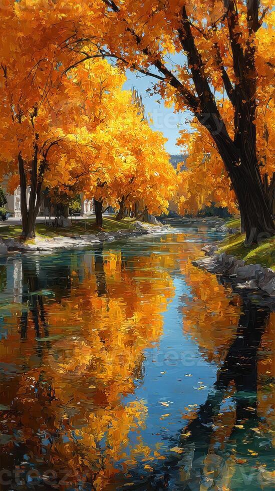Autumn reflection on a tranquil river surrounded by vibrant orange trees photo