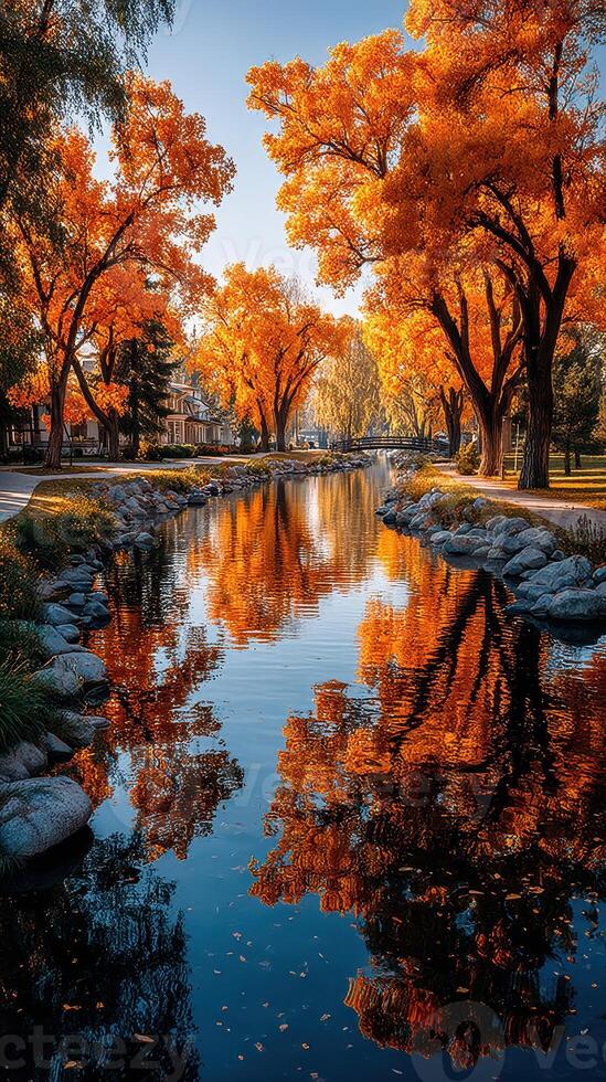 Autumn reflections along a tranquil canal adorned with orange and yellow trees in a serene park setting photo