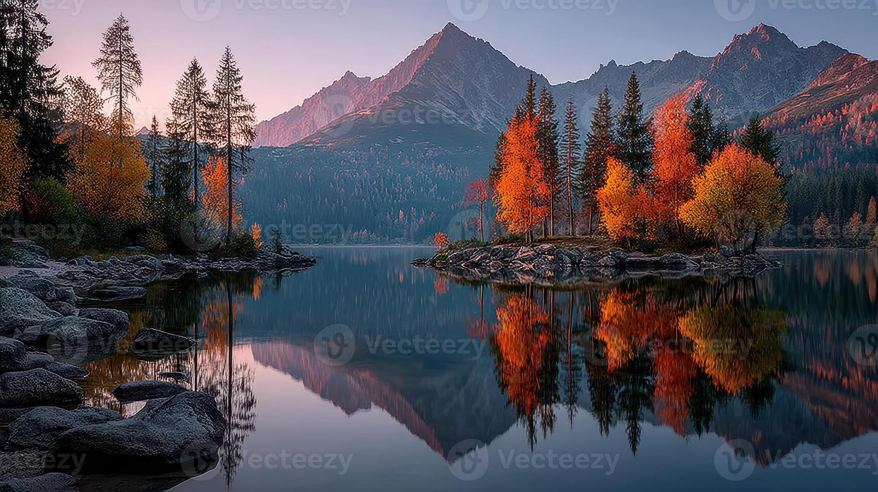 Stunning autumn landscape featuring vibrant trees and serene lake at sunrise in a mountain region photo