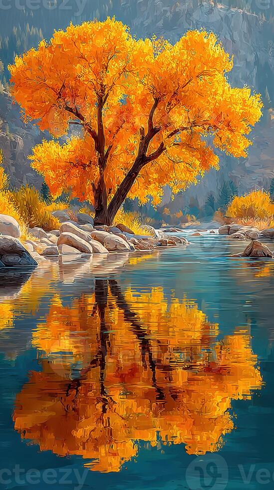 Stunning autumn tree reflects in tranquil river surrounded by vibrant foliage and rocky landscape photo