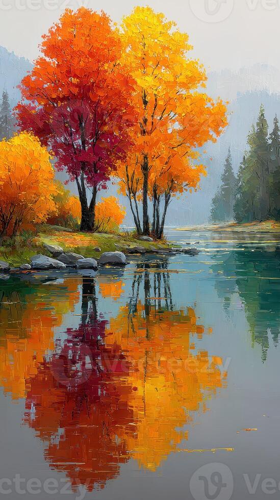 Autumn trees reflecting in calm water at dawn in a tranquil landscape photo